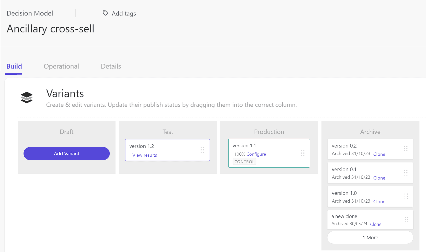 The Decision Model Profile page displays the different decision model variants and their states.