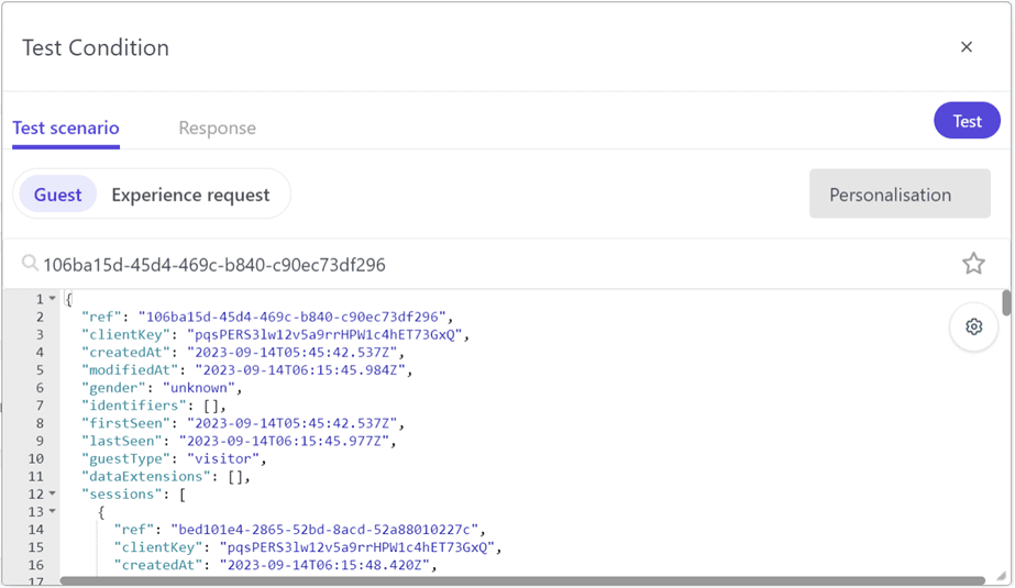 Selecting a specific guest for API response testing in an interactive experience displays the guest attributes.