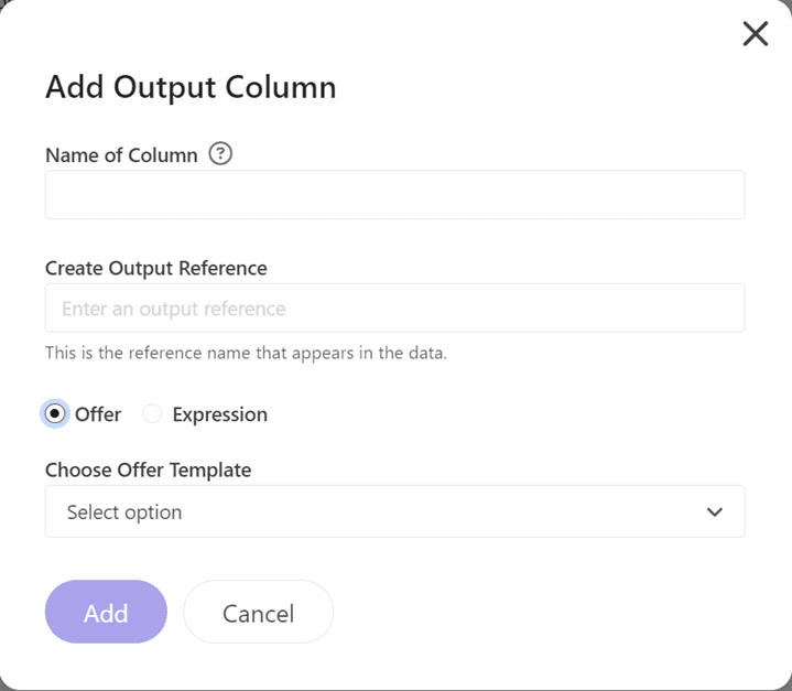 The Add Output Column window in a decision table.