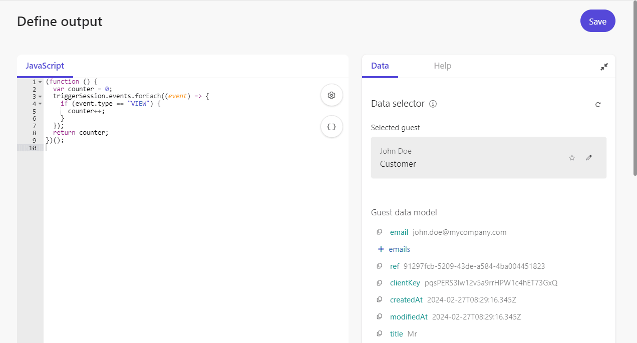 Write a custom JavaScript code in the code editor to define the value you want to capture in the session trait.