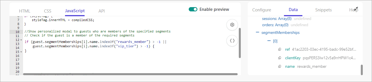 Using segment memberships from the guest data model in the JavaScript.