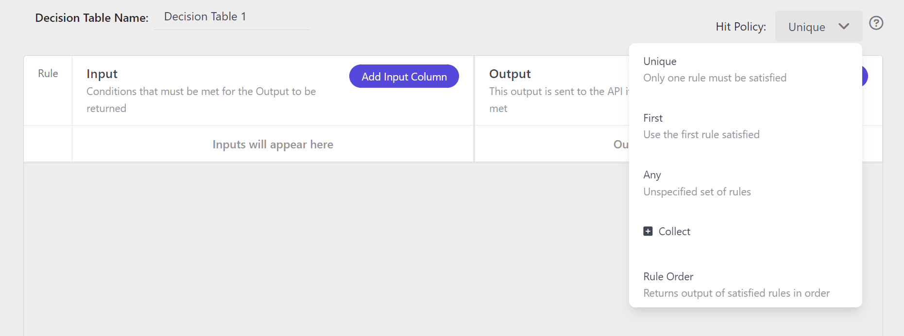 Hit policy options in a Decision Table