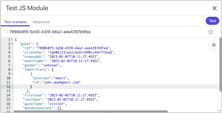 The Test JS module dialog