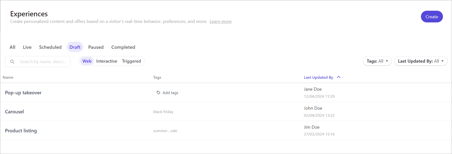 The list of draft experiences in Sitecore Personalize