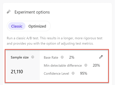 The Experiment options pane allows for sample size calculation adjustments.
