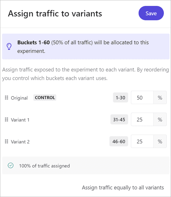 The Assign traffic to variants pane is used to distribute the allocated traffic to experiment variants using bucket ranges.