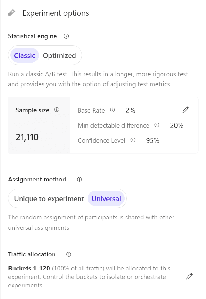 The Experiment options pane lets you select the statistical engine and assignment method, and edit the traffic allocation.