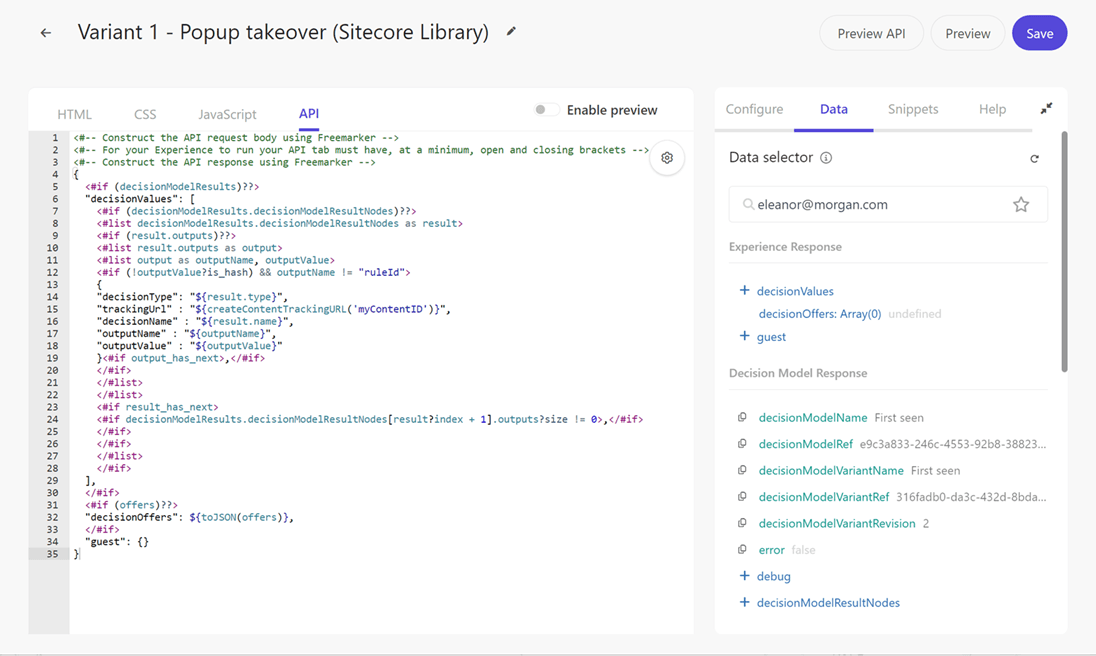 Copying experience response to the API request.