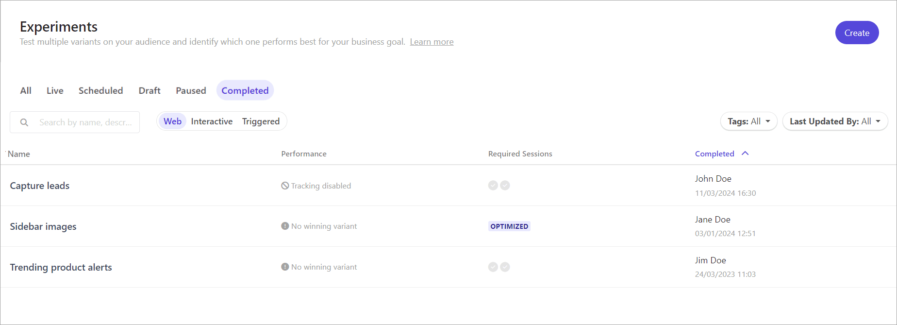 The list of completed experiments in Sitecore Personalize
