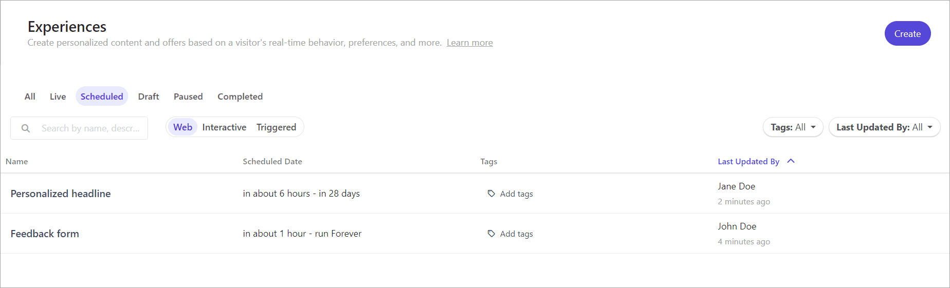 The list of scheduled experiences in Sitecore Personalize