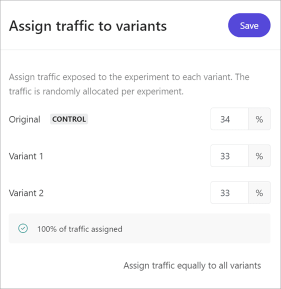 The Assign traffic to variants pane is used to distribute the allocated traffic to experiment variants using percentages.
