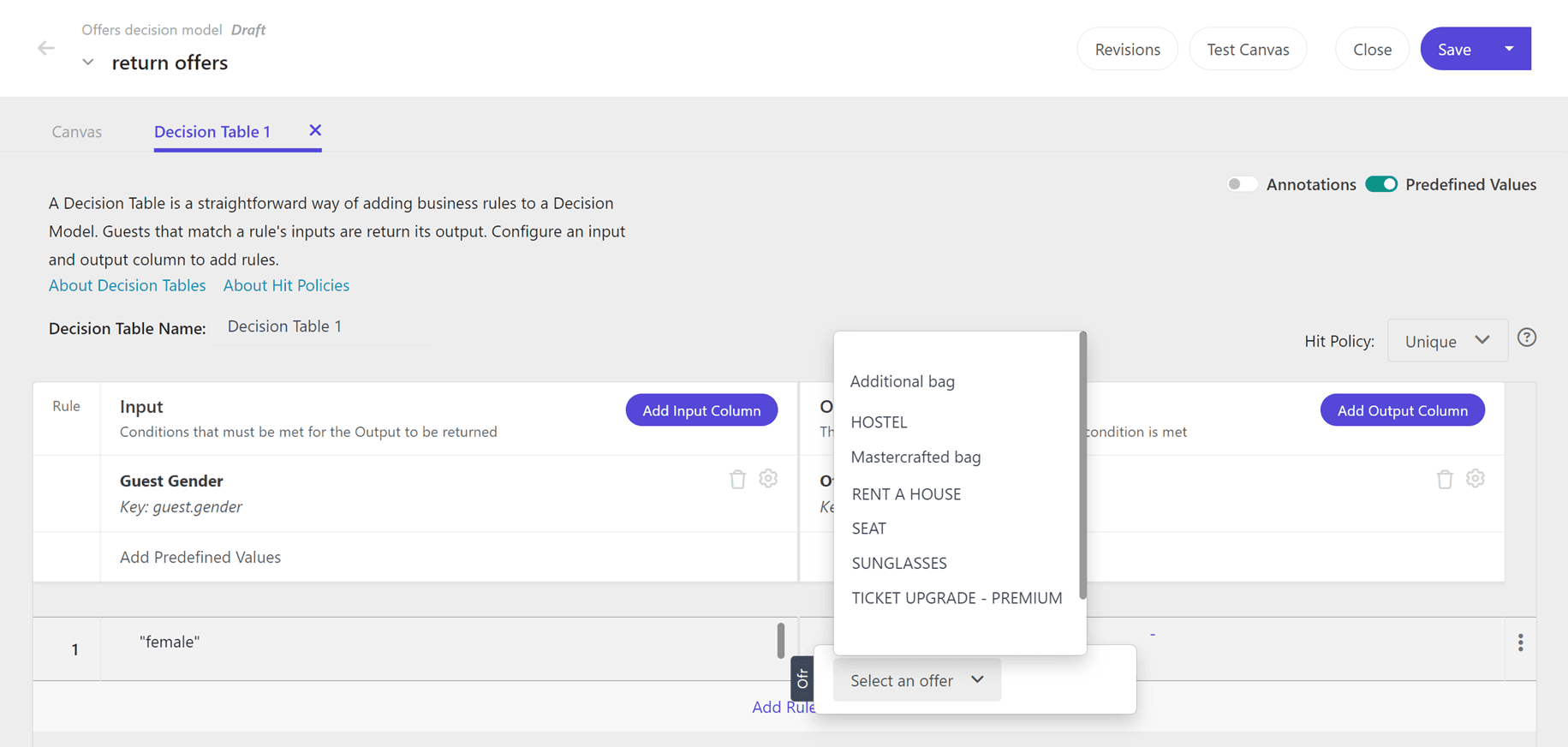 The prepopulated list of offers that display when you add rules to the decision table.