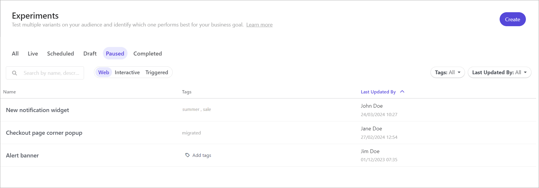 The list of paused experiments in Sitecore Personalize