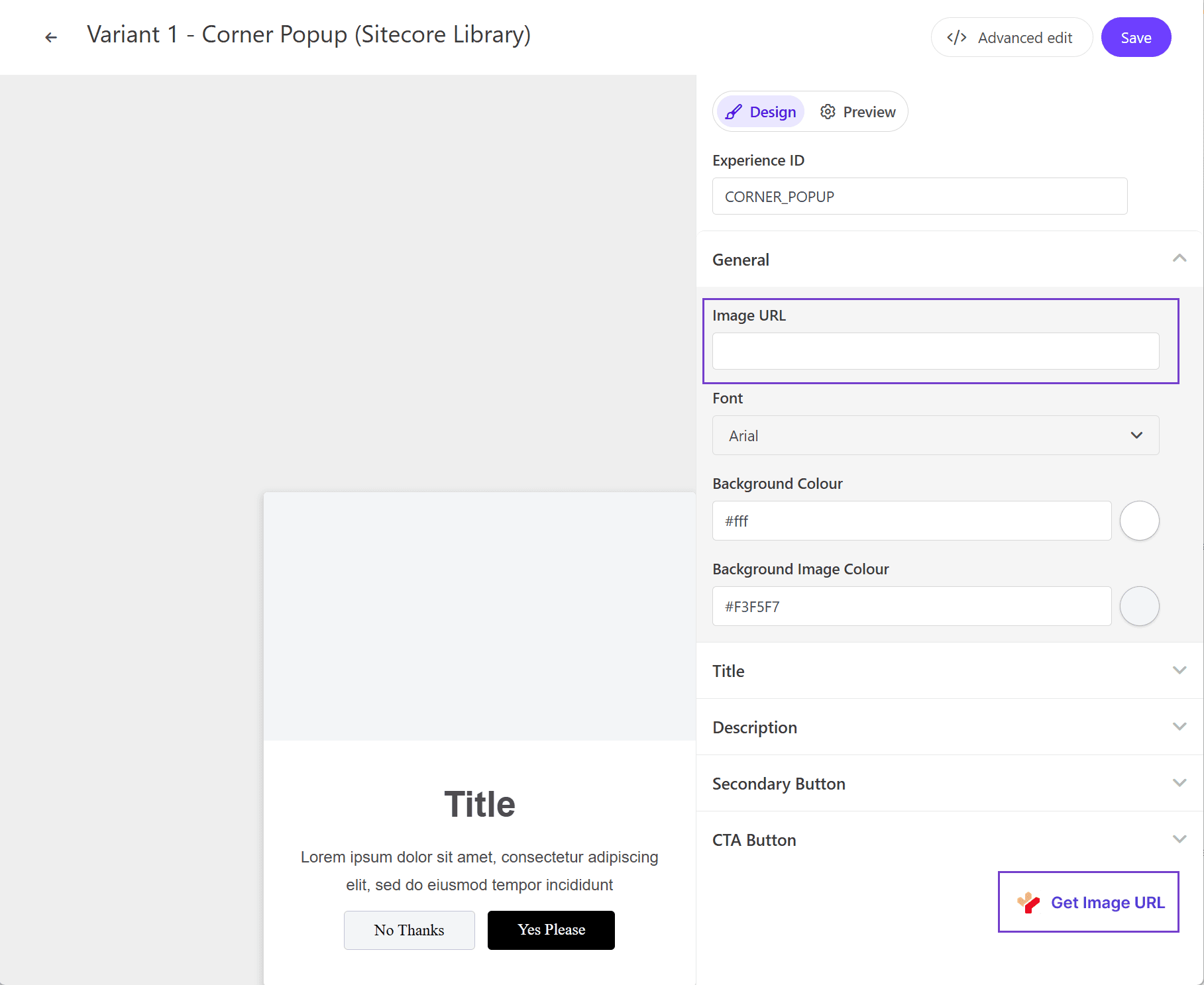 Find the Image URL then click Get Image URL to select a Content Hub asset.