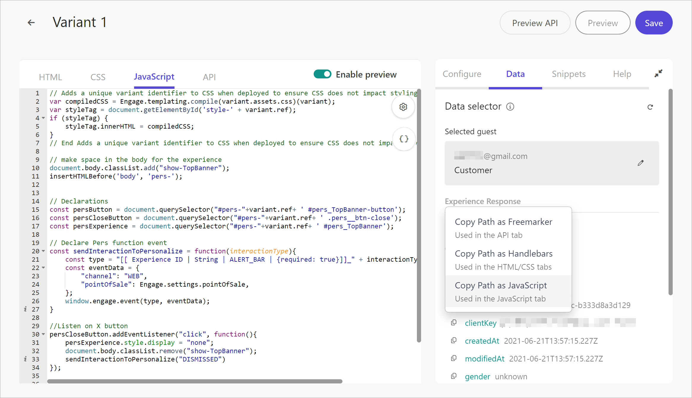 Editing the JavaScript to apply personalization in a variant.