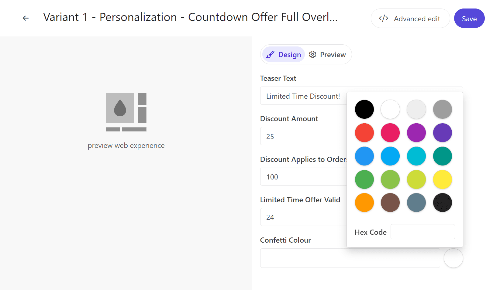 An example of a web template form for a marketer added to an experience.