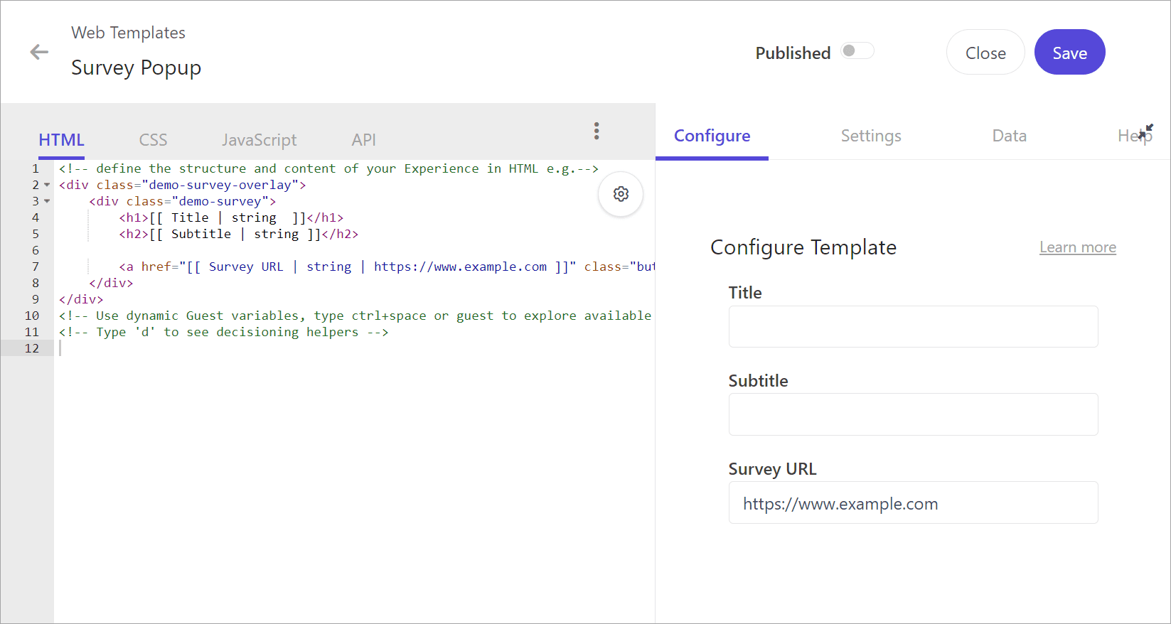 Configuring HTML in a web template.
