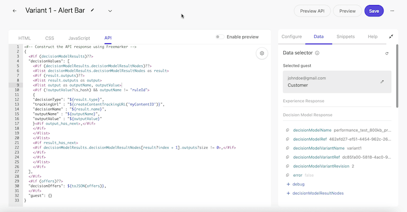 Copying the decision model response into the API response