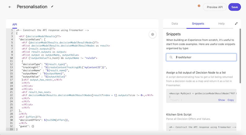 Copying FreeMarker snippets into the API request