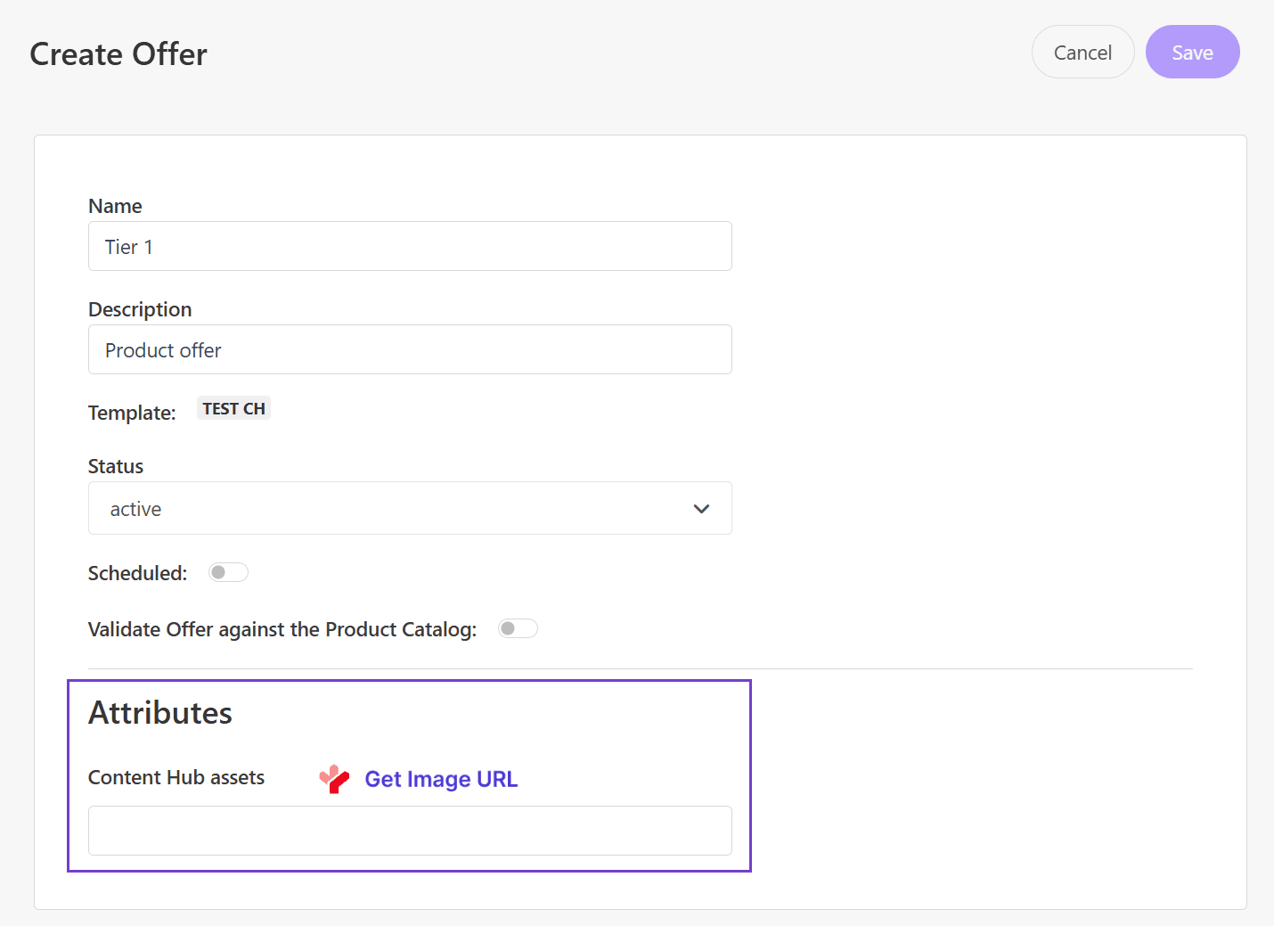 Find the Image URL field in your offer then click Get Image URL to select a Content Hub asset.