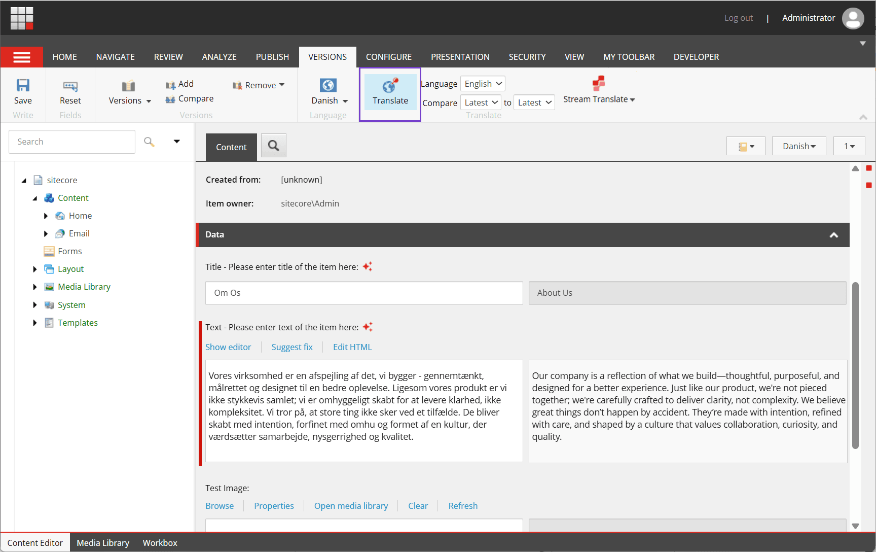 Review and compare language versions in the Content Editor by clicking Translate.