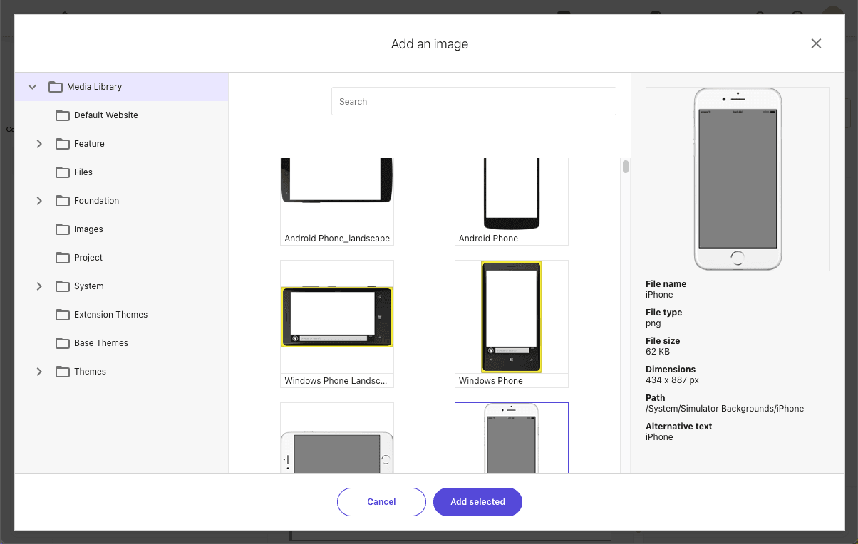 Screenshot of the Add an image dialog when browsing a media library