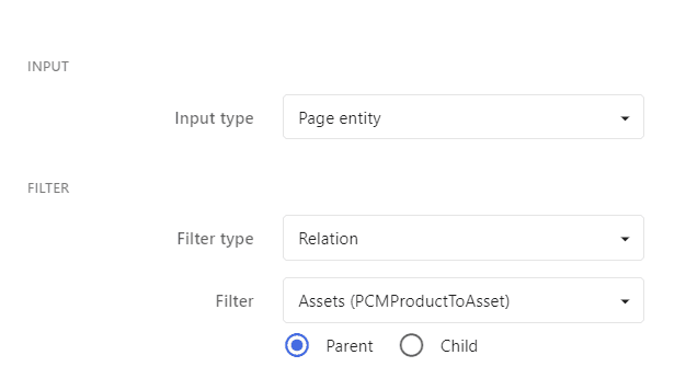 Fixed filter settings for a relation filter with a Parent role for PCMProductToAsset
