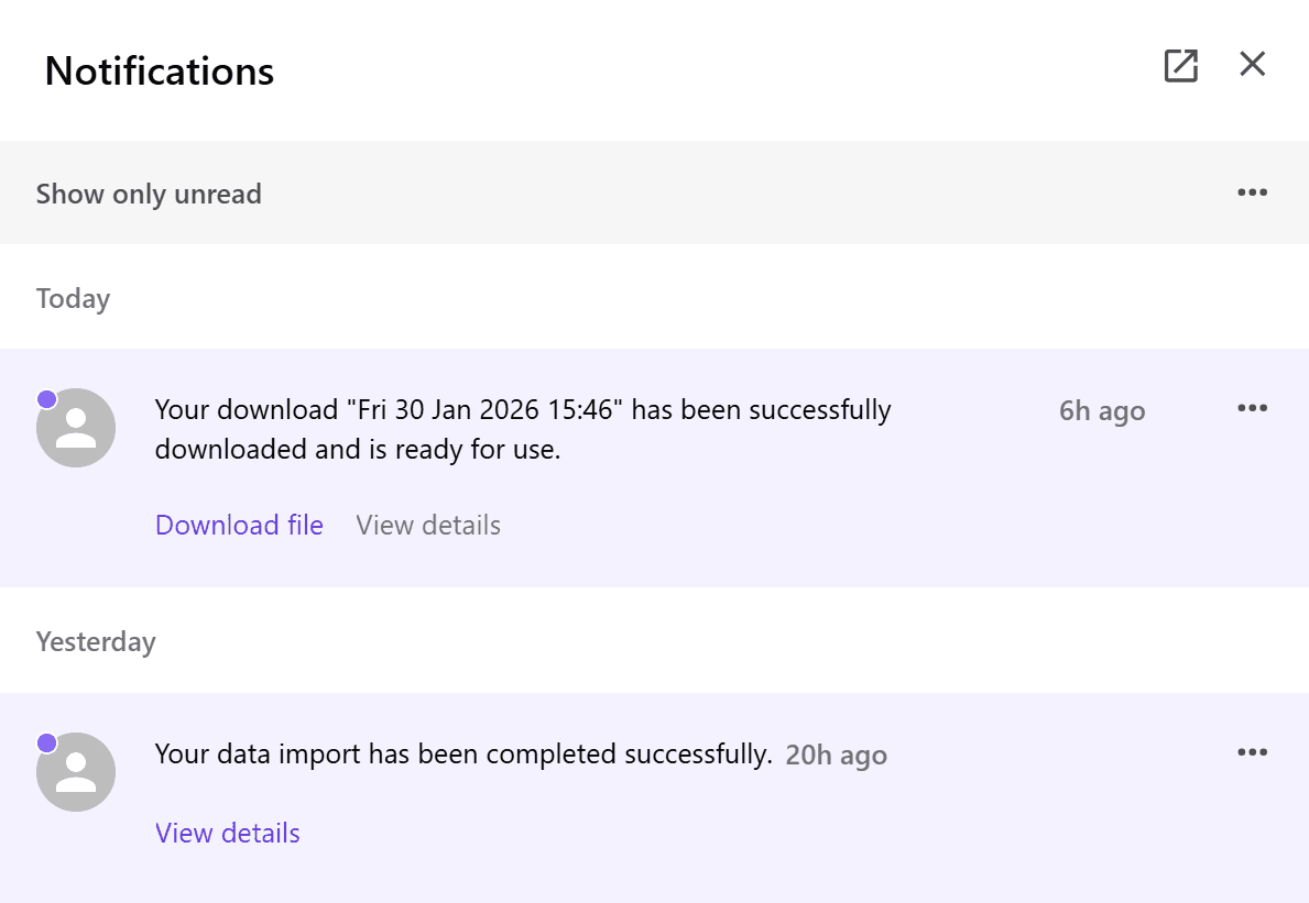Notification panel with two notifications showing download file and view details options
