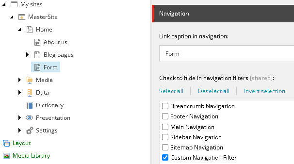 The custom navigation filter is available.