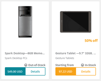 Search results showing stock status labels