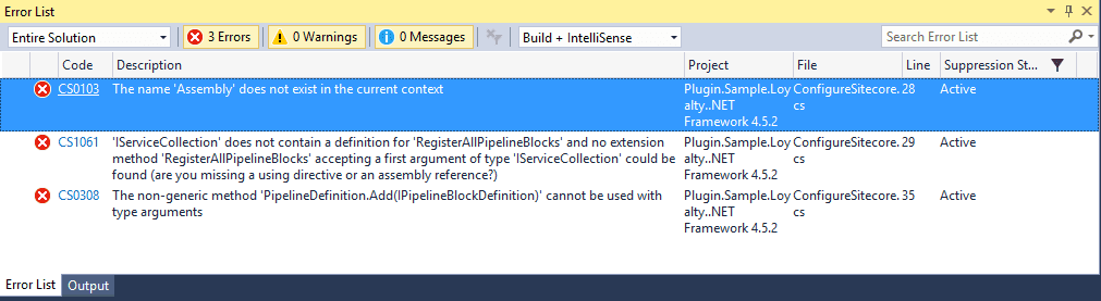 Remaining errors displayed in the Error List