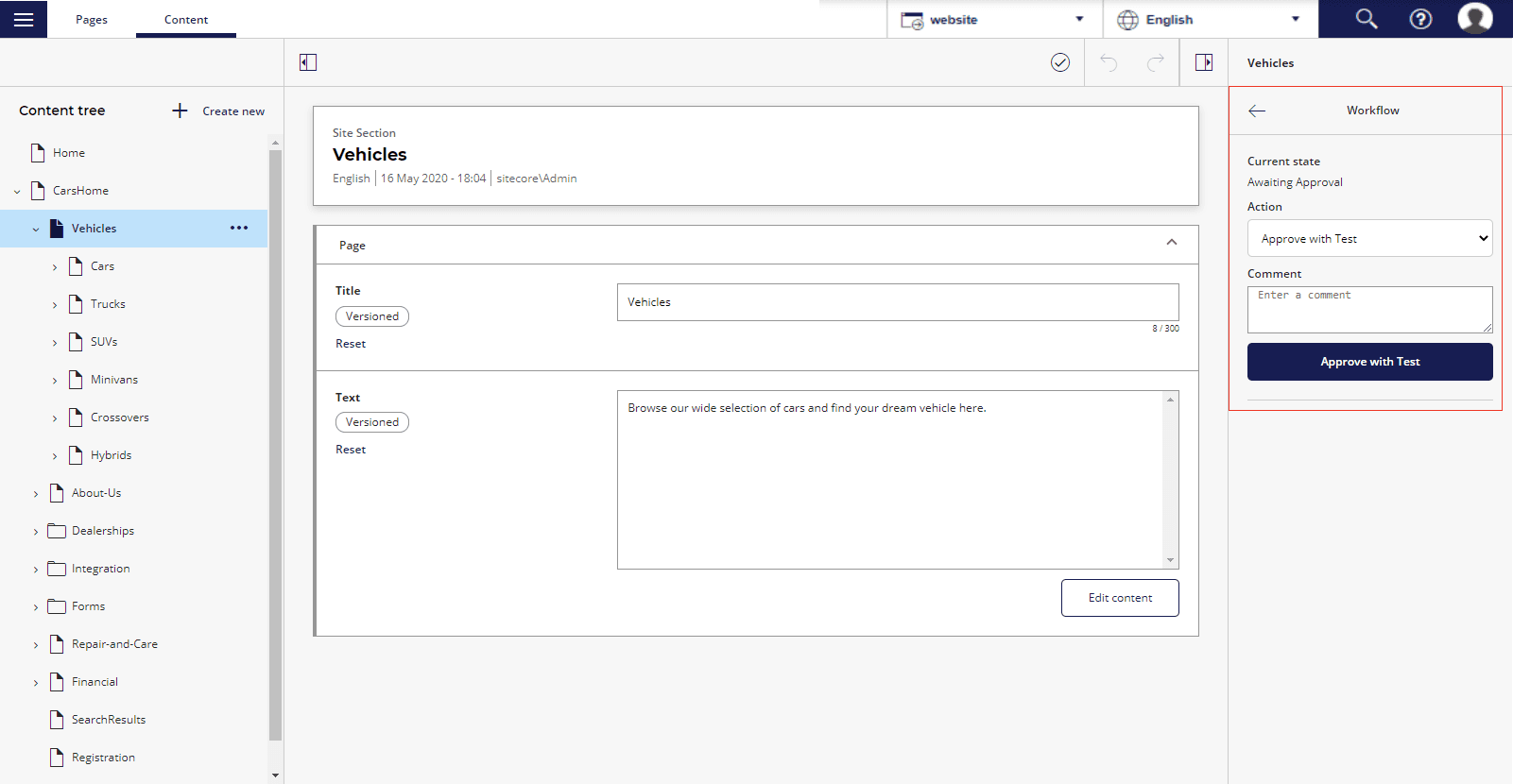 The workflow panel in Content