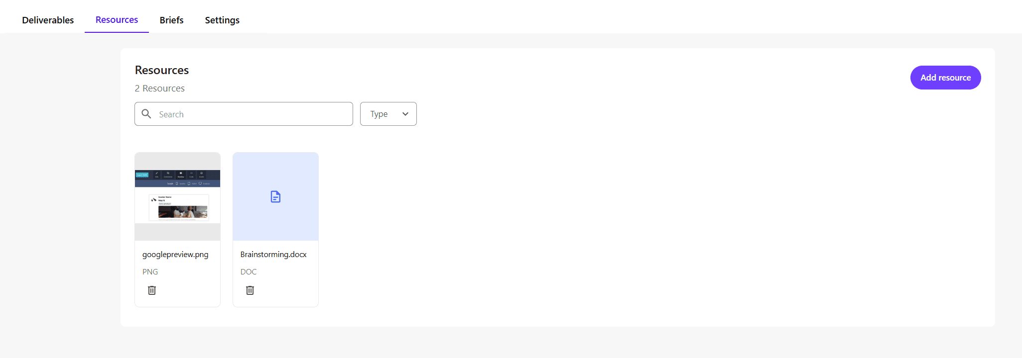 The Resources tab displays all files and documents associated with the project.