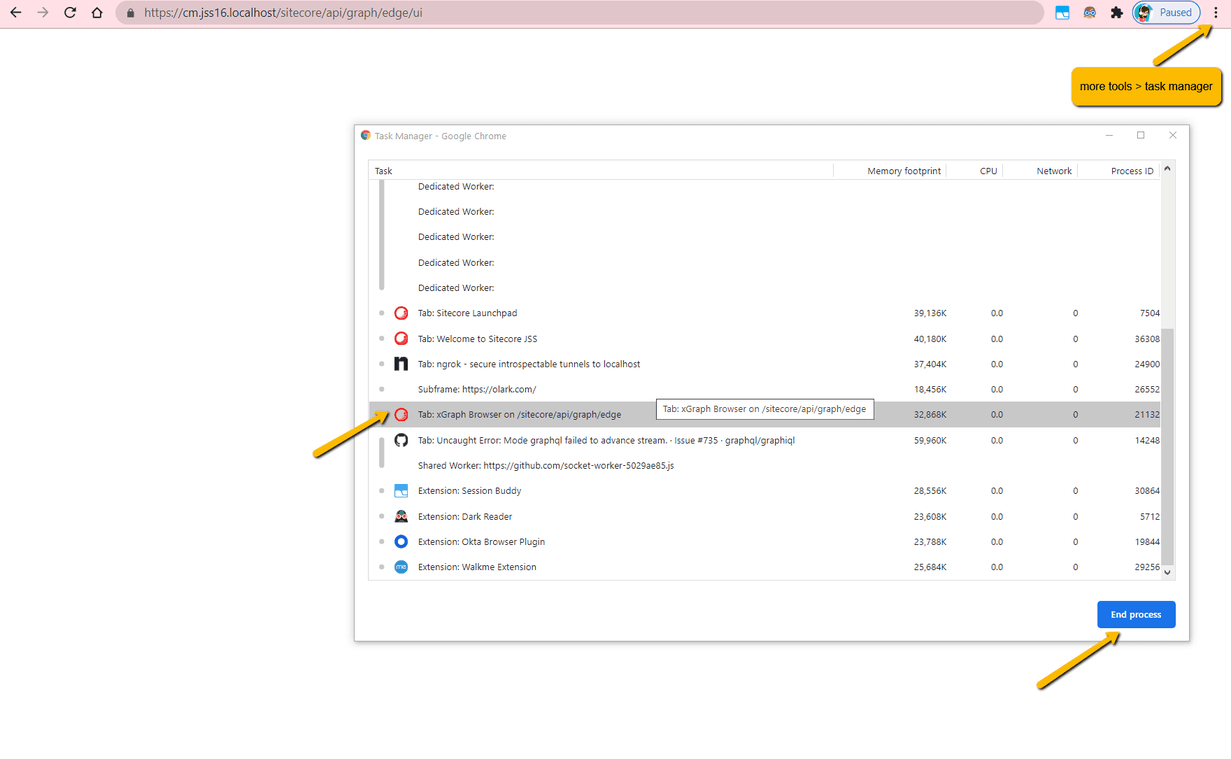 Kill the process for the Chrome tab with errors