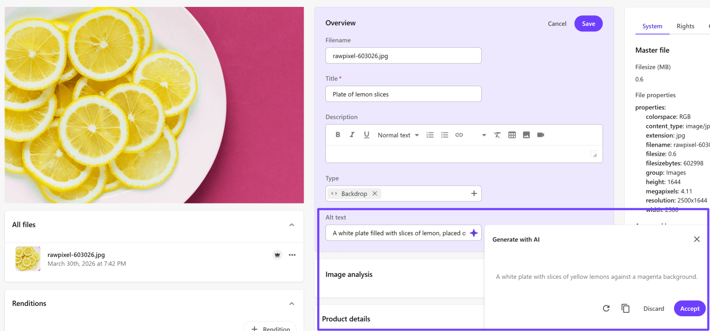 Example of AI-generated alt text for an image of lemons on a plate