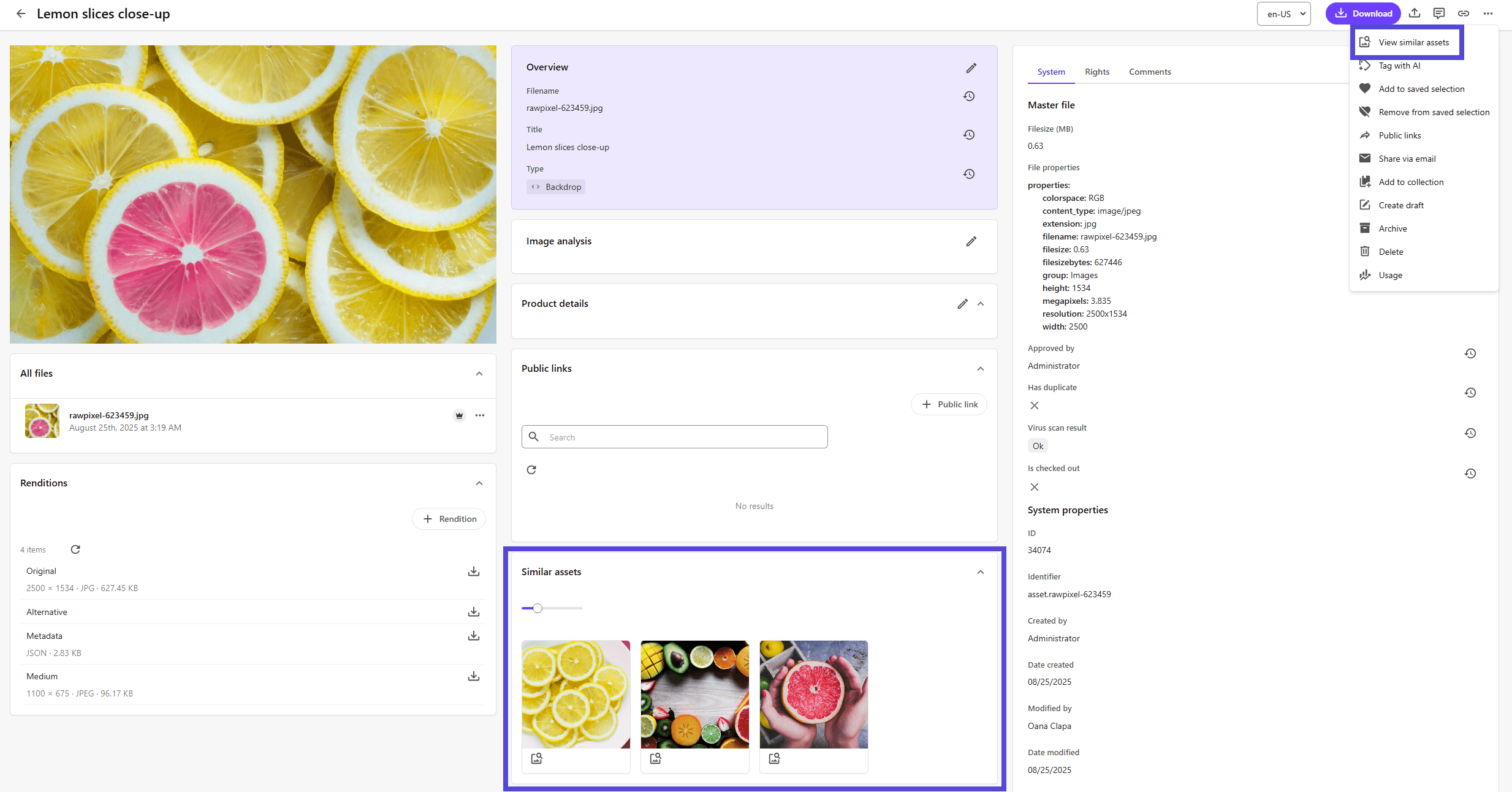 Asset details page showing the Similar assets section and the View similar assets button.
