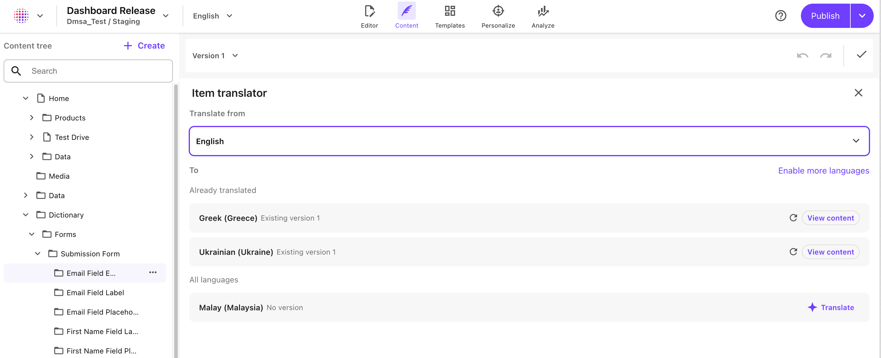 The Item translator UI in Content mode