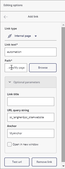 The Add link panel with the anchor name in the Anchor field