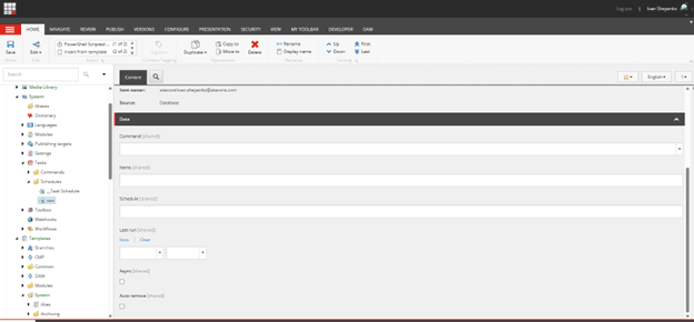 A Scheduled item with Command, Schedule, Items, Async, Auto remove, and Last run fields.