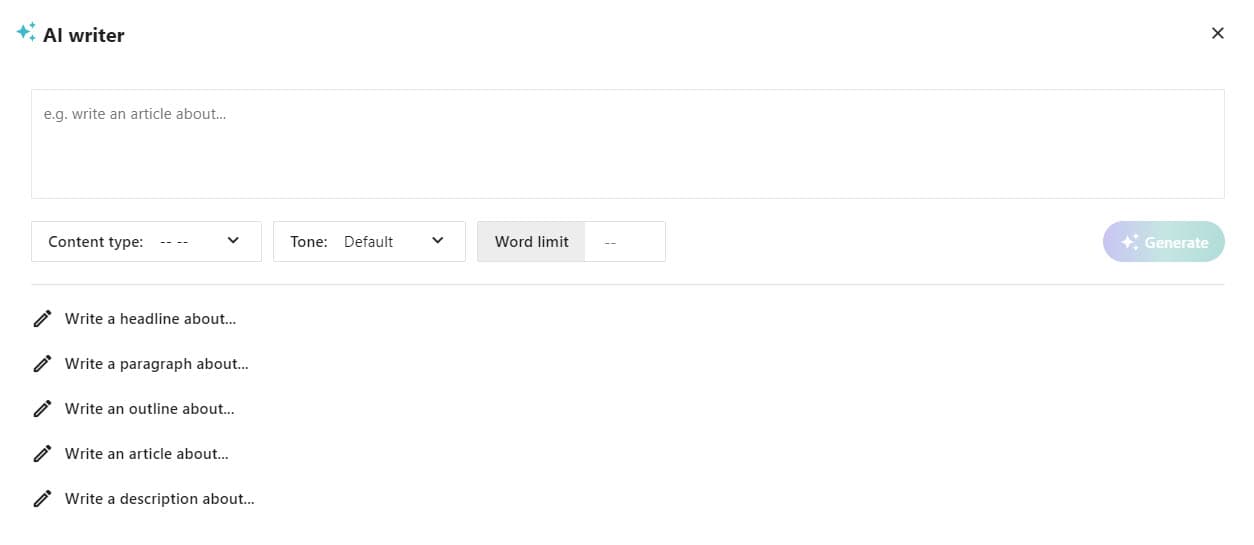 Screenshot of the AI writer for a text item.