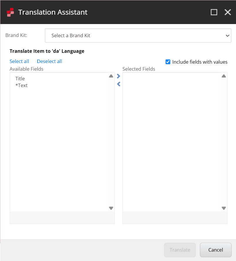 Select all fields or specific fields of the item to translate. Fields with values are marked with an asterisk (*).