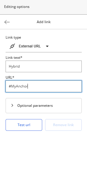 The Add link panel with the anchor name in the URL field