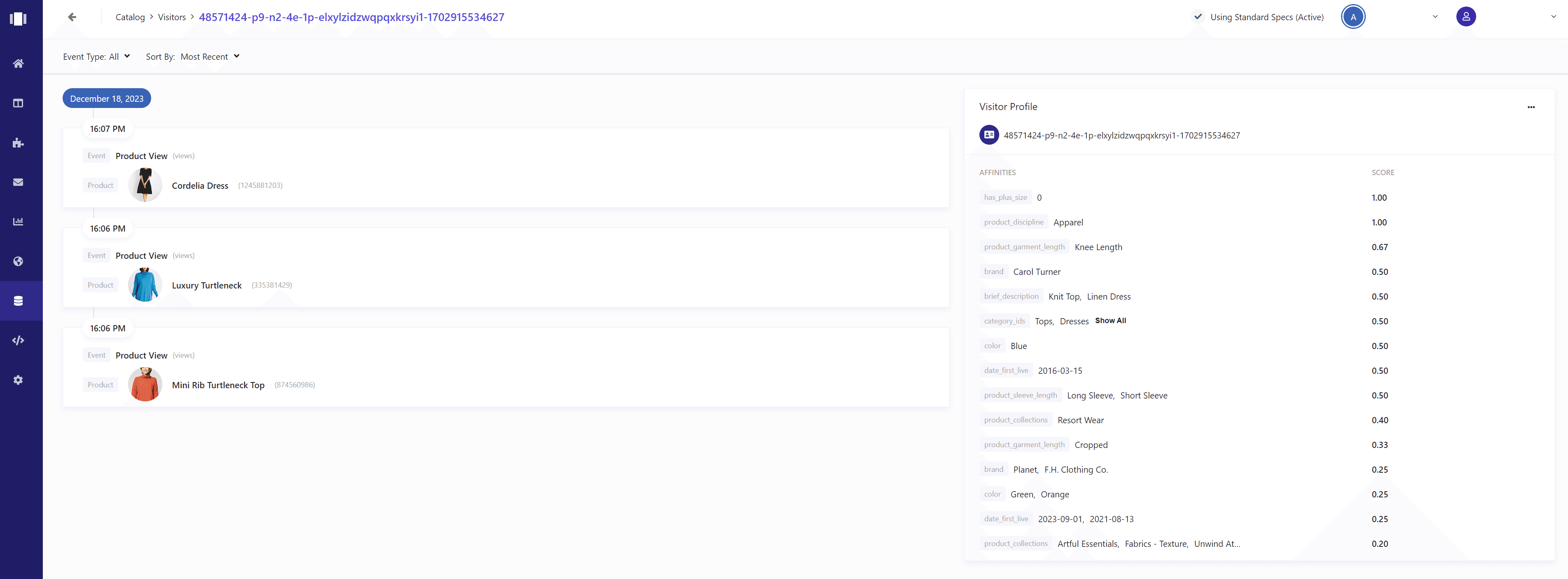 Visitor profile showing recent visitor actions on the left and affinities on the right.