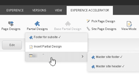 Example of usage of both local partial designs and shared site partial designs.