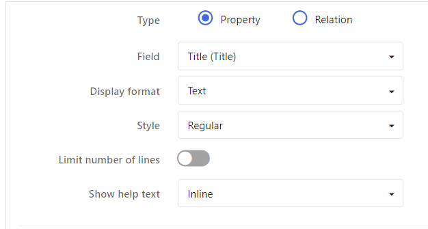Property settings for Title field to display text
