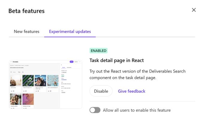 Beta features slide-out panel with experimental updates.