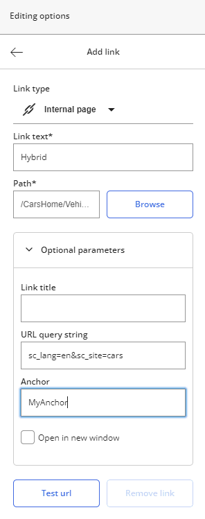The Add link panel with the anchor name in the Anchor field