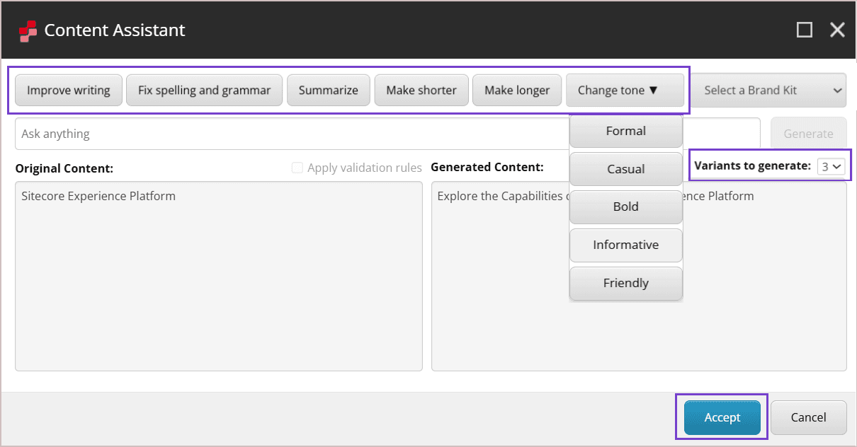 Generate up to five variants simultaneously using a predefined prompt.