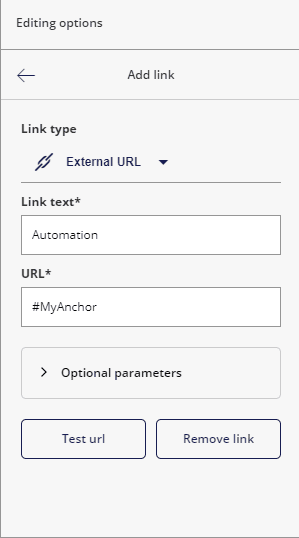 The Add link panel with the anchor name in the URL field