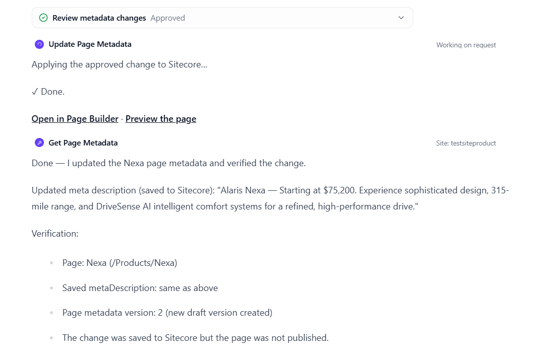 Screenshot of the AI-generated response after applying proposed changes, confirming the update and providing links to open or preview the page.